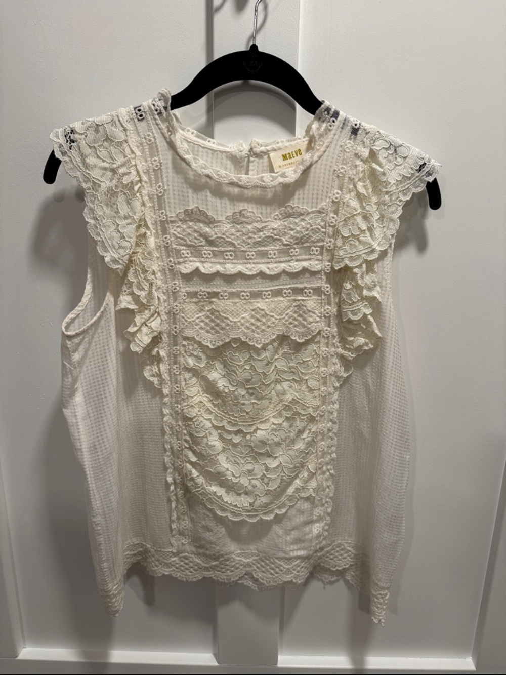 Anthropologie Cream Lace-Trim Sleeveless Top